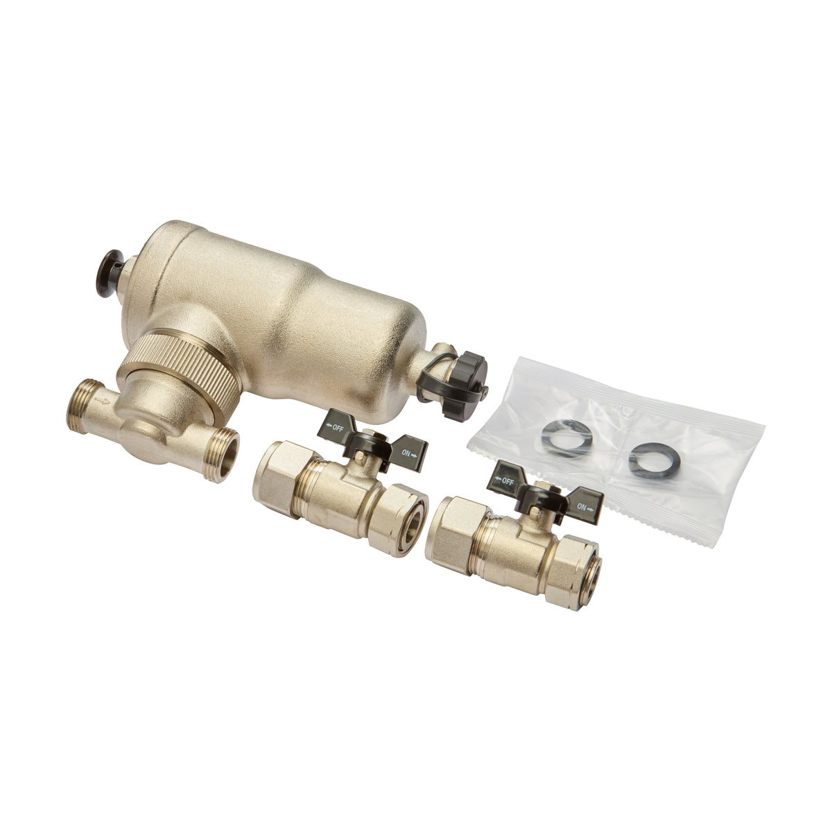 A brass water heater or boiler assembly kit with three brass connectors, black valve handles, and a small clear plastic bag containing two metal washers, photographed on a white background.