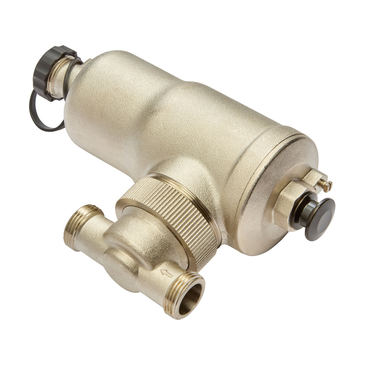 A Brass-colored metal water filter or pressure regulator with threaded connections, a black cap, and a small black dial, shown on a plain white background.