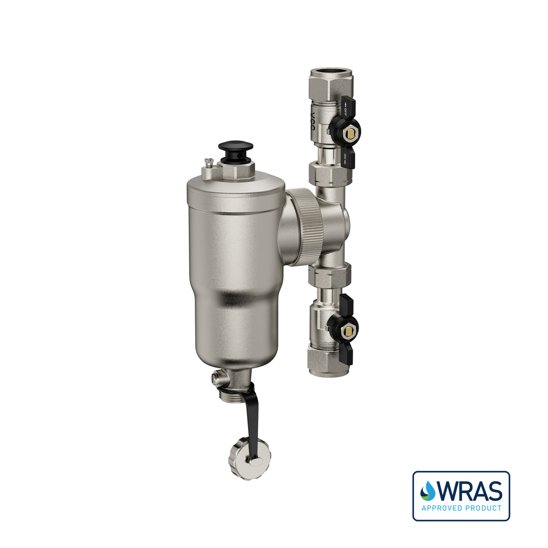 A stainless steel water filter assembly with a vertical cylindrical canister, threaded connectors, black valve components, and a small hanging component at the bottom, shown on a white background with a WRAS approved product badge in the lower right corner.